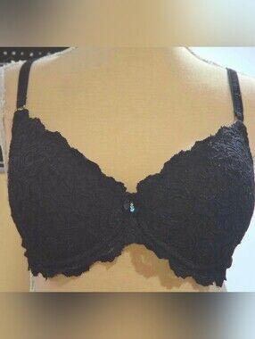 34D Lace Underwire Padded Push-up Bra in Black With Bling